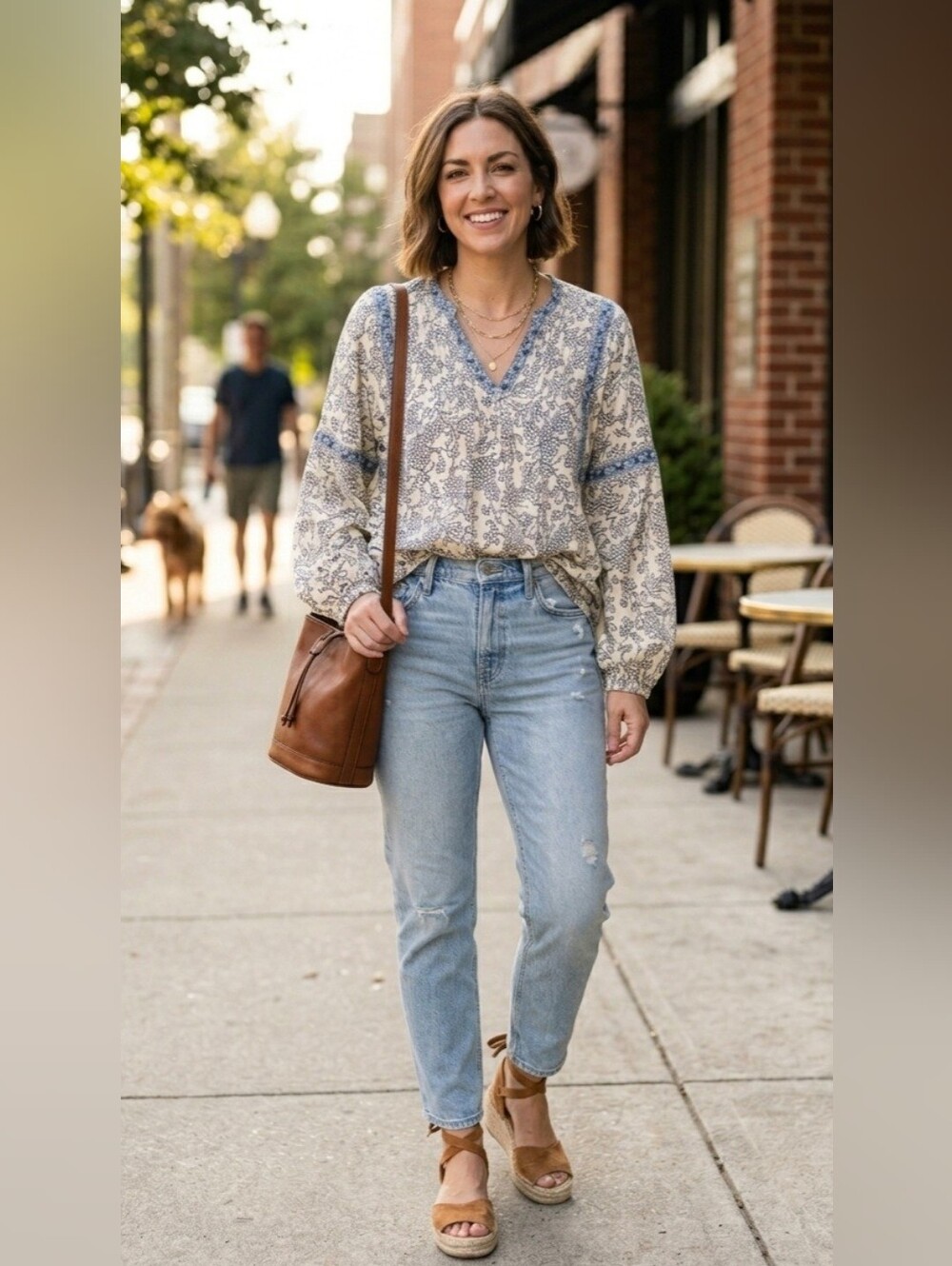 Old Navy Blue White Floral Cotton Viscose Peasant Blouse L Boho Cottagecore Top